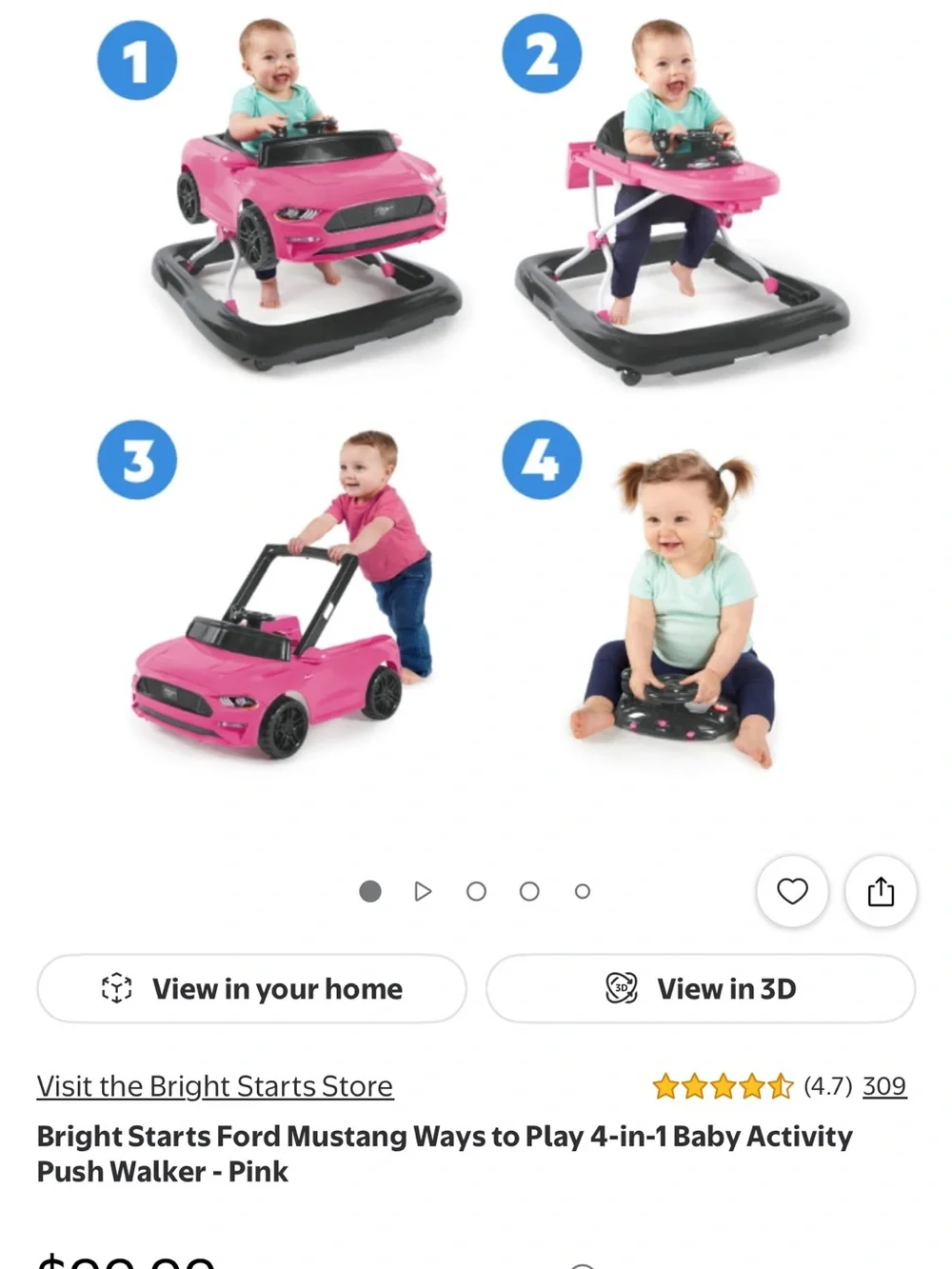 Bright Starts Ford Mustang Ways to Play 4-in-1 Baby Activity Push Walker - Pink